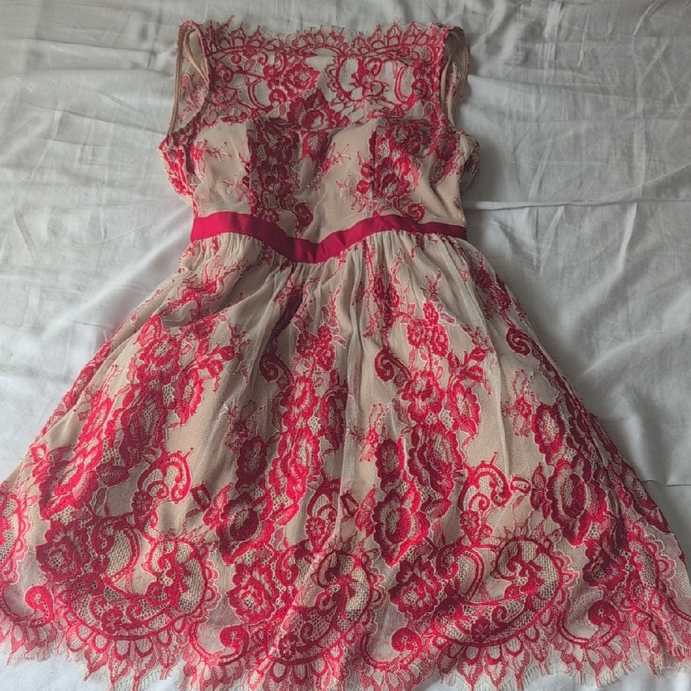 Jodi Kristopher Red and Cream Lace Prom Dress